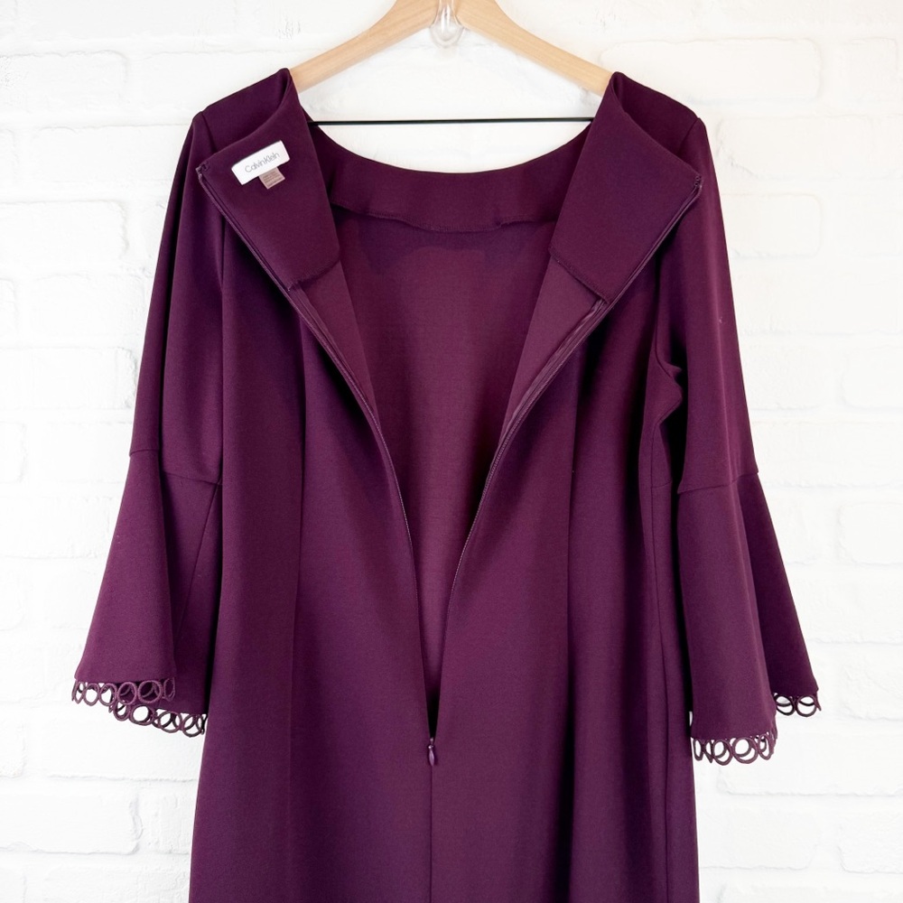 Calvin Klein Dark Purple Geometric Trim Flare Sleeve Sheath Dress 14W - Picture 7 of 7